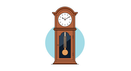Classic grandfather clock with pendulum swinging and white background and teal circle