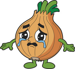 Sad cartoon onion character crying with tears, wearing green gloves and a mustache, emotional vegetable illustration, cad drawing flat vector illustration cartoon
