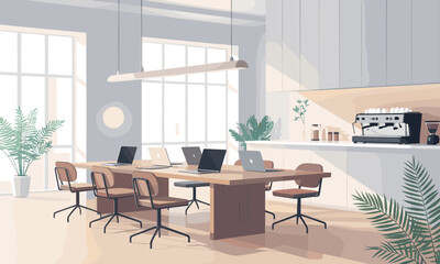 Modern collaborative workspace with laptops and espresso machine, bathed in natural light, perfect for team meetings and creative sessions.