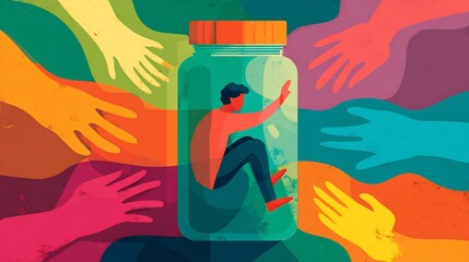 Colorful visual metaphor of addiction psychology showing person trapped inside a pill bottle with reaching hands symbolic mental health art in modern illustrative style
