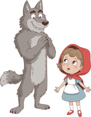 Cartoon illustration of Little Red Riding Hood with Big Bad Wolf, fairy tale story concept, cad drawing flat vector illustration children character