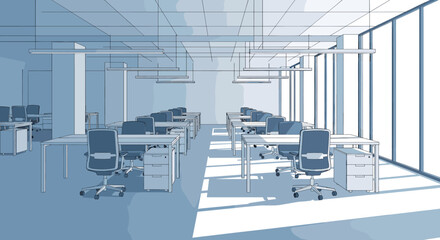 Obraz premium Spacious modern office interior with desks, chairs, and natural light streaming through large windows, ready for productive work