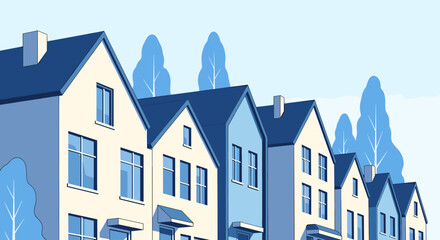 Charming row of modern townhouses with blue roofs and creamy walls nestled amongst stylized blue trees, perfect for real estate