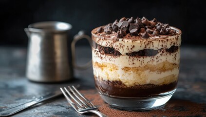 Layered chocolate dessert in glass dish