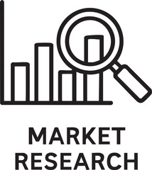 A business icon depicting market research, with a magnifying glass over a bar graph, symbolizing analysis and data-driven insights for strategic planning.