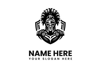 Bold Spartan Warrior Logo with Shield and Plumed Helmet in Black and White.