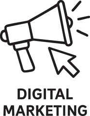 A bold vector illustration depicts digital marketing with a megaphone and cursor, symbolizing online promotion and targeted advertising strategies on a clean backdrop.