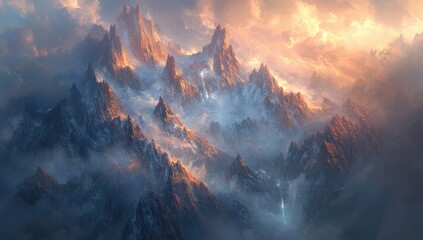 Epic mountain range at sunrise, shrouded in mist