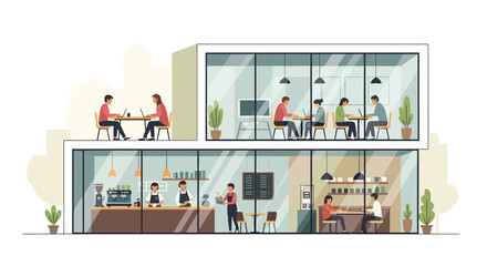 Modern co-working cafe buzzes with professionals collaborating and enjoying coffee, fostering productivity and community in stylish spaces.