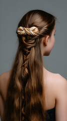 Fototapeta premium Elegant hairstyle with a decorative hair clip showcasing long, wavy brown hair against a dark background during an artistic presentation