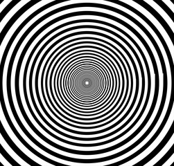 Black and white radial optical illusion vector with concentric circles. Hypnotic tunnel-style design ideal for posters, sci-fi themes, abstract concepts, and visual experiments.