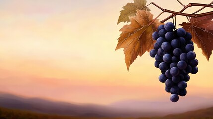 Ripe Grapes on Vine Against Beautiful Sunset Landscape in Soft Focus Background