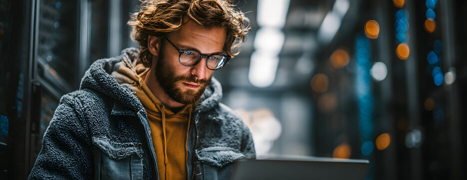 Man works on laptop in server room. Engineer focused on digital tech. Focused on database management. Modern tech scene. Work in data center. Uses laptop to solve problems with digital information. - Powered by Adobe