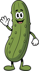 Cartoon pickle character smiling and waving hand, wearing white gloves and big eyes, green vegetable mascot, cad drawing flat vector illustration food