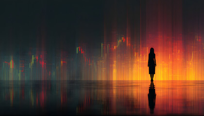 Silhouette woman stands before futuristic backdrop of financial data streams. Stock market charts, representing trading, investment, digital analysis, business