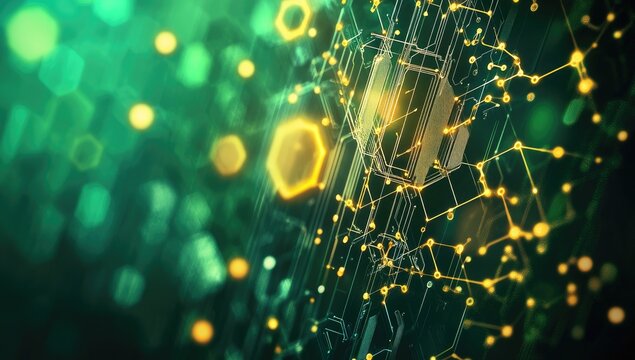Abstract digital circuit board design.  Emerald green background, glowing gold/yellow hexagonal patterns, and interconnected circuit lines.  Complex, layered design