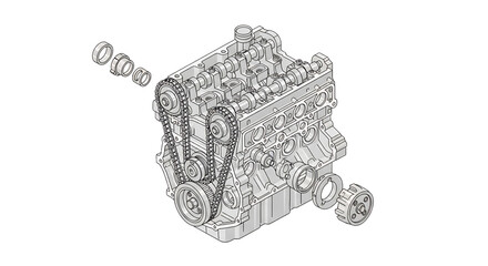 Detailed blueprint of car engine components in technical drawing style.