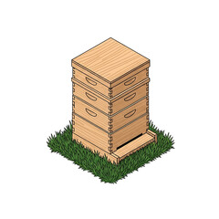 Wooden hive on grass patch, symbolizing beekeeping and pollination.
