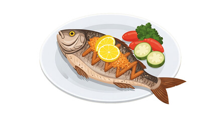 Fish with vegetables and lemon, served as a healthy meal.