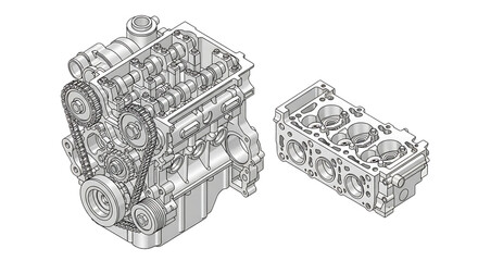 Detailed engine block and parts shown in mechanical drawing.