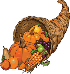 Cornucopia Illustration with Pumpkins Fruits and Corn for Thanksgiving Celebration