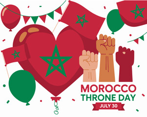 Patriotic Morocco Throne Day Illustration with Flags, Heart, and Fists
