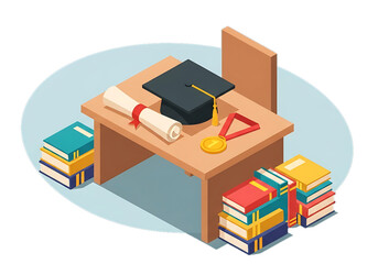 Student's desk with graduation hat, symbol of academic progress.