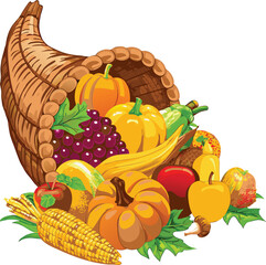 Cornucopia overflowing with autumn harvest fruits and vegetables on a white background
