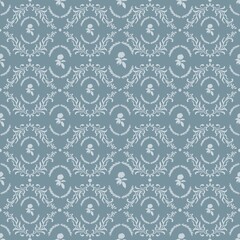 Elegant vintage floral damask pattern in light blue and white. Features stylized roses framed in ornamental baroque motifs, perfect for classic wallpapers, fabric, or luxury packaging design.