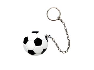 Classic soccer ball connected to a monocle by a chain isolated on transparent background