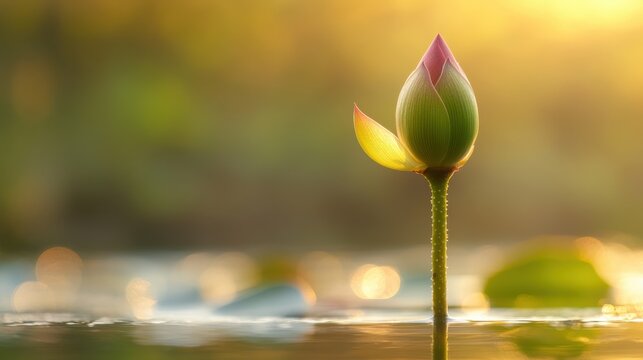 Elegant lotus flower bud with soft sunlight in tranquil water setting, showcasing nature's beauty and serenity
