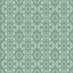 Elegant vintage floral damask pattern in light green  and white. Features  roses framed in ornamental baroque motifs, perfect for classic wallpapers, fabric, or luxury packaging design.