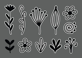 Black botanical elements and floral designs vector silhouette set