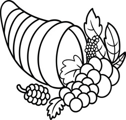Black and white cornucopia with grapes and leaves for coloring page