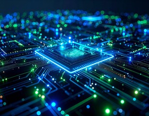 Obraz premium Futuristic Circuit Board with Glowing Green and Blue Nodes - High-Tech Neural Network Background