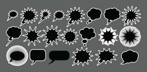 Black comic speech bubbles and bursts collection with white outlines thought