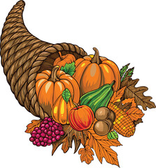 Hand drawn cornucopia with pumpkins squash corn grapes and autumn leaves