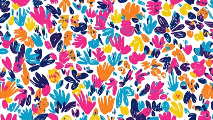 Abstract, vibrant pattern of organic shapes in bold colors on a white background