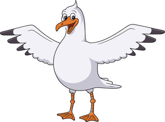 Cartoon seagull character with wings spread and smiling face, standing happy seabird with orange beak, cad drawing flat vector illustration design