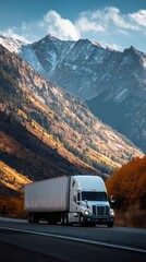 Stunning photo of white cargo truck with a white blank empty trailer for ad on a highway road in the united states. beautiful nature mountains and sky. golden.