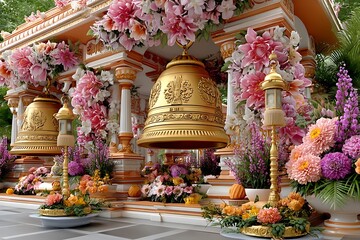 Golden temple bell with vibrant flowers high resolution picture
