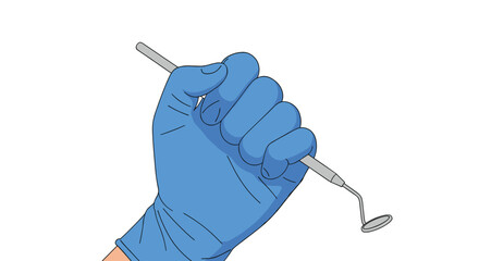 Dentist hand holding dental mirror and probe for examination and treatment procedures