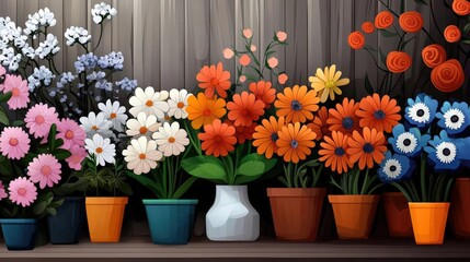 Fototapeta premium Colorful Flower Display in Pots with Wooden Background and Various Blossoms in Bright Colors