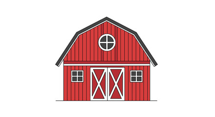 Classic red barn with gambrel roof and double doors on a white background