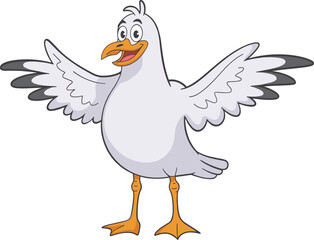 Cartoon seagull character with wings open, smiling happily, standing bird with orange beak and webbed feet, cad drawing flat vector illustration cartoon