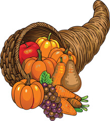 Cornucopia Illustration with Fall Harvest Fruits and Vegetables for Thanksgiving