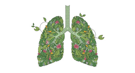 Illustrative representation of healthy lungs filled with lush greenery and blooming flowers