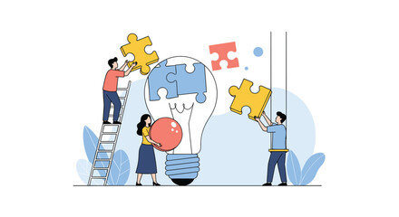 Team collaboration building a bright idea light bulb puzzle solution