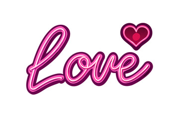 Pink neon love script with heart on black background