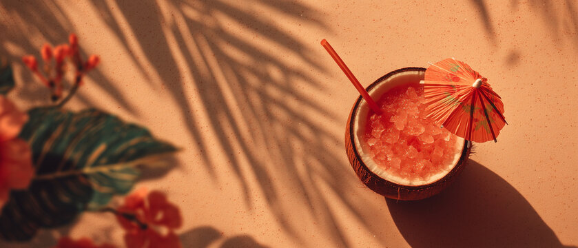 tropical coconut cocktail with paper umbrella on pastel background and palm leaves — ideal summer vacation concept image for travel ads, beach bar menus, tropical drink promotions, or summer party 